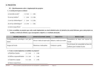 PPP/2013 - ESCOLA ESTADUAL ARCELINO FRANCISCO DO NASCIMENTO – BANDEIRANTES/TO - Página 18
8. PROJETOS
8.1 – Questionamentos sobre a implantação dos projetos
1. A escola provê para os alunos:
a) merenda escolar? ( x ) sim ( ) não
b) serviço médico? ( ) sim ( x ) não
c) serviço oftalmológico? ( ) sim ( x ) não
d) serviço odontológico? ( x ) sim ( ) não
e) outros (especificar) ________________________________________
2. Liste as medidas ou projetos que estão sendo implantados na atual administração, de iniciativa da escola Informar, para cada projeto ou
medida, o critério de eficácia a que corresponde o objetivo e o resultado alcançado.
MEDIDA/PROJETO DIMENSÃO/INDICADOR OBJETIVO RESULTADO
Acompanhamento psicológico com pais e
alunos
Elevar o índice da aprovação Reduzir o índice de evasão
Permanência do aluno com sucesso na
Escola
Amigos da Escola Minimizar a indisciplina Fortalecer a gestão
Envolvimento da comunidade na busca de
melhoria para Unidade Escolar
3. Como a escola implantou as medidas ou projetos?
a) Redefiniu funções ( x ) sim ( ) não
b) Definiu responsabilidades ( x ) sim ( ) não
c) Capacitou a equipe ( x ) sim ( ) não
d) Outros (especificar)______________________________________
 