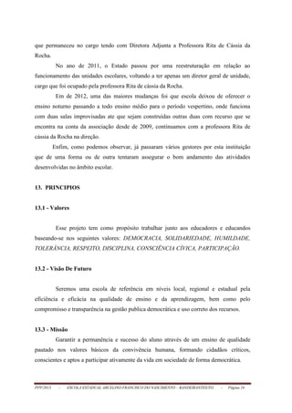 PPP/2013 - ESCOLA ESTADUAL ARCELINO FRANCISCO DO NASCIMENTO – BANDEIRANTES/TO - Página 24
que permaneceu no cargo tendo com Diretora Adjunta a Professora Rita de Cássia da
Rocha.
No ano de 2011, o Estado passou por uma reestruturação em relação ao
funcionamento das unidades escolares, voltando a ter apenas um diretor geral de unidade,
cargo que foi ocupado pela professora Rita de cássia da Rocha.
Em de 2012, uma das maiores mudanças foi que escola deixou de oferecer o
ensino noturno passando a todo ensino médio para o período vespertino, onde funciona
com duas salas improvisadas ate que sejam construídas outras duas com recurso que se
encontra na conta da associação desde de 2009, continuamos com a professora Rita de
cássia da Rocha na direção.
Enfim, como podemos observar, já passaram vários gestores por esta instituição
que de uma forma ou de outra tentaram assegurar o bom andamento das atividades
desenvolvidas no âmbito escolar.
13. PRINCIPIOS
13.1 - Valores
Esse projeto tem como propósito trabalhar junto aos educadores e educandos
baseando-se nos seguintes valores: DEMOCRACIA, SOLIDARIEDADE, HUMILDADE,
TOLERÂNCIA, RESPEITO, DISCIPLINA, CONSCIÊNCIA CÍVICA, PARTICIPAÇÃO.
13.2 - Visão De Futuro
Seremos uma escola de referência em níveis local, regional e estadual pela
eficiência e eficácia na qualidade de ensino e da aprendizagem, bem como pelo
compromisso e transparência na gestão publica democrática e uso correto dos recursos.
13.3 - Missão
Garantir a permanência e sucesso do aluno através de um ensino de qualidade
pautado nos valores básicos da convivência humana, formando cidadãos críticos,
conscientes e aptos a participar ativamente da vida em sociedade de forma democrática.
 