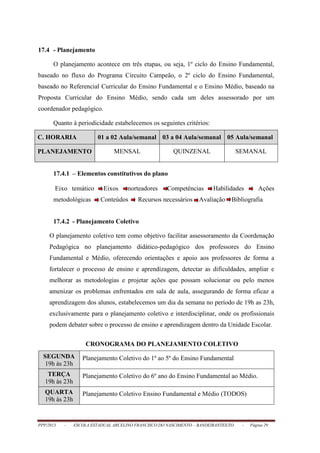 PPP/2013 - ESCOLA ESTADUAL ARCELINO FRANCISCO DO NASCIMENTO – BANDEIRANTES/TO - Página 29
17.4 - Planejamento
O planejamento acontece em três etapas, ou seja, 1º ciclo do Ensino Fundamental,
baseado no fluxo do Programa Circuito Campeão, o 2º ciclo do Ensino Fundamental,
baseado no Referencial Curricular do Ensino Fundamental e o Ensino Médio, baseado na
Proposta Curricular do Ensino Médio, sendo cada um deles assessorado por um
coordenador pedagógico.
Quanto à periodicidade estabelecemos os seguintes critérios:
C. HORARIA 01 a 02 Aula/semanal 03 a 04 Aula/semanal 05 Aula/semanal
PLANEJAMENTO MENSAL QUINZENAL SEMANAL
17.4.1 – Elementos constitutivos do plano
Eixo temático Eixos norteadores Competências Habilidades Ações
metodológicas Conteúdos Recursos necessários Avaliação Bibliografia
17.4.2 - Planejamento Coletivo
O planejamento coletivo tem como objetivo facilitar assessoramento da Coordenação
Pedagógica no planejamento didático-pedagógico dos professores do Ensino
Fundamental e Médio, oferecendo orientações e apoio aos professores de forma a
fortalecer o processo de ensino e aprendizagem, detectar as dificuldades, ampliar e
melhorar as metodologias e projetar ações que possam solucionar ou pelo menos
amenizar os problemas enfrentados em sala de aula, assegurando de forma eficaz a
aprendizagem dos alunos, estabelecemos um dia da semana no período de 19h as 23h,
exclusivamente para o planejamento coletivo e interdisciplinar, onde os profissionais
podem debater sobre o processo de ensino e aprendizagem dentro da Unidade Escolar.
CRONOGRAMA DO PLANEJAMENTO COLETIVO
SEGUNDA
19h às 23h
Planejamento Coletivo do 1º ao 5º do Ensino Fundamental
TERÇA
19h às 23h
Planejamento Coletivo do 6º ano do Ensino Fundamental ao Médio.
QUARTA
19h às 23h
Planejamento Coletivo Ensino Fundamental e Médio (TODOS)
 