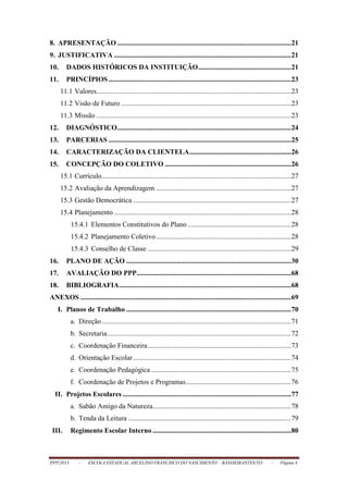 PPP/2013 - ESCOLA ESTADUAL ARCELINO FRANCISCO DO NASCIMENTO – BANDEIRANTES/TO - Página 4
8. APRESENTAÇÃO ...................................................................................................21
9. JUSTIFICATIVA .....................................................................................................21
10. DADOS HISTÓRICOS DA INSTITUIÇÃO.....................................................21
11. PRINCÍPIOS ........................................................................................................23
11.1 Valores...............................................................................................................23
11.2 Visão de Futuro .................................................................................................23
11.3 Missão ...............................................................................................................23
12. DIAGNÓSTICO...................................................................................................24
13. PARCERIAS ........................................................................................................25
14. CARACTERIZAÇÃO DA CLIENTELA..........................................................26
15. CONCEPÇÃO DO COLETIVO ........................................................................26
15.1 Currículo............................................................................................................27
15.2 Avaliação da Aprendizagem .............................................................................27
15.3 Gestão Democrática ..........................................................................................27
15.4 Planejamento .....................................................................................................28
15.4.1 Elementos Constitutivos do Plano ...........................................................28
15.4.2 Planejamento Coletivo.............................................................................28
15.4.3 Conselho de Classe ..................................................................................29
16. PLANO DE AÇÃO ..............................................................................................30
17. AVALIAÇÃO DO PPP........................................................................................68
18. BIBLIOGRAFIA..................................................................................................68
ANEXOS ........................................................................................................................69
I. Planos de Trabalho ..............................................................................................70
a. Direção............................................................................................................71
b. Secretaria.........................................................................................................72
c. Coordenação Financeira..................................................................................73
d. Orientação Escolar..........................................................................................74
e. Coordenação Pedagógica................................................................................75
f. Coordenação de Projetos e Programas............................................................76
II. Projetos Escolares ................................................................................................77
a. Sabão Amigo da Natureza...............................................................................78
b. Tenda da Leitura .............................................................................................79
III. Regimento Escolar Interno ...............................................................................80
 