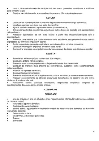 26
 Usar o repertório de texto de tradição oral, tais como parlendas, quadrinhas e adivinhas
para brincar e jogar;
 Realizar exposições orais, adequando o discurso aos diferentes interlocutores.
LEITURA
 Localizar um nome específico numa lista de palavras do mesmo campo semântico;
 Localizar palavras num texto que sabe de memória;
 Ajustar o falado ao escrito a partir dos textos já memorizados;
 Diferenciar parlendas, quadrinhas, adivinhas e outros textos de tradição oral, apresentados
pelo professor;
 Antecipar significados de um texto escrito a partir das imagens/ilustrações que o
acompanham;
 Recontar uma história que ouviu mantendo uma sequência, recuperando trechos usando
expressões ou termos da linguagem escrita;
 Emitir comentários pessoais e opinativos sobre textos lidos por si ou por outros;
 Localizar informações explícitas em textos lidos por si;
 Demonstrar interesse no empréstimo de livros no acervo da classe e da biblioteca escolar.
ESCRITA
 Associar as letras ao próprio nome e aos dos colegas;
 Escrever o próprio nome completo;
 Reconhecer os nomes próprios dos colegas onde isto se fizer necessário;
 Escrever de maneira mais próxima da convencional, buscando como suporte/consulta
palavras estáveis;
 Avançar na hipótese de escrita;
 Escrever textos memorizados;
 Reconhecer características dos gêneros discursivos trabalhados no decorrer do ano letivo;
 Produzir coerentemente os gêneros discursivos trabalhados no decorrer do ano letivo,
atrelados à função social real;
 Reescrever contos clássicos conhecidos, respeitando sequência temporal de
acontecimentos de acordo com o enredo original.
CONTEÚDOS
ORALIDADE
 Uso da linguagem oral em situações onde haja diferentes interlocutores (professor, colegas
da classe e outros);
 Respeito às opiniões diversas;
 Participação contextualizada;
 Escuta atenta, aguardando o momento correto de expor sua fala, contando ou não com
intervenção docente;
 Gêneros discursivos:
 Quadrinhas, adivinhas e parlendas;
 Poema;
 Entrevista;
 