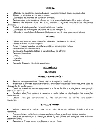 27
LEITURA
 Utilização de estratégias elaboradas para reconhecimento de textos memorizados;
 Ajustes de leitura em textos memorizados;
 Localização de palavras em contextos diversos;
 Realização de antecipações e inferências durante escuta de textos lidos pelo professor;
 Reconto de histórias lidas por outro, mantendo algumas características discursivas
utilizadas;
 Socialização de impressões de histórias lidas ou ouvidas;
 Localização de informações explícitas em textos lidos por si.
 Utilização e empréstimo de livros da biblioteca da escola para pesquisas e leituras.
ESCRITA
 Conhecimento sobre a natureza e funcionamento do sistema de escrita;
 Escrita do nome próprio completo;
 Busca com apoio ou não, em palavras estáveis para registrar outras;
 Escrita de textos memorizados;
 Destinatário, finalidade do texto e características do gênero;
 Gêneros discursivos:
 Listas,
 Legendas,
 Bilhetes.
 Reescrita de contos clássicos conhecidos.
MATEMÁTICA
OBJETIVOS
NÚMEROS E OPERAÇÕES
 Realizar contagens orais de objetos usando a sequência numérica;
 Interpretar e produzir escritas numéricas, levantando hipóteses sobre elas, com base na
observação de regularidades;
 Construir procedimentos de agrupamentos a fim de facilitar a contagem e a comparação
entre duas coleções;
 Resolver situações-problema e construir a partir delas os significados das operações
fundamentais;
 Utilizar estratégias convencionais ou não convencionais de cálculo para resolver
problemas.
ESPAÇO E FORMA
 Indicar oralmente a posição onde se encontra no espaço escolar, citando pontos de
referência;
 Representar por meio de desenhos a posição onde se encontra no espaço escolar;
 Perceber semelhanças e diferenças entre figuras planas em situações que envolvam
descrições orais;
 Reconhecer figuras planas em objetos do espaço físico.
 