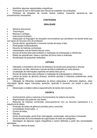 32
 Identificar algumas regularidades ortográficas;
 Preocupar-se com a diminuição das marcas de oralidade nas produções;
 Participar de situações de revisão textual coletiva, buscando apropriar-se dos
procedimentos necessários.
CONTEÚDOS
ORALIDADE
 Gêneros discursivos:
 Trava-língua,
 Músicas e cantigas;
 Instrucional (receitas).
 Adequação da linguagem às situações comunicativas que acontecem na escola ainda que
com apoio de recursos e/ou do professor;
 Escuta atenta, aguardando o momento correto de expor a fala;
 Participação contextualizada;
 Reconto de histórias conhecidas;
 Interpretação oral de história lida por outro;
 Escuta de textos lidos pelo professor e realização de antecipação e inferências;
 Relato de experiências, ideias e opiniões de forma clara e ordenada;
 Socialização de pesquisas realizadas;
LEITURA
 Utilização e empréstimo de livros da biblioteca da escola para pesquisas e leituras;
 Leitura em voz alta, silenciosa e escuta da leitura realizada por outra pessoa;
 Localização de informações explícitas em textos lidos por si;
 Escuta de textos lidos pelo professor e realização de antecipações e inferências;
 Leitura de textos de gêneros diversos, emitindo opiniões e indicando preferências, ainda
que seja com ajuda.
 Utilização de diferentes modalidades de leitura adequadas a diferentes objetivos, obter
informação rápida, seguir instruções, aprender, aprender a escrever, por prazer e para um
público;
 Observação e análise coletiva especialmente de textos bem escritos.
ESCRITA
 Conhecimento sobre a natureza e funcionamento do sistema de escrita;
 Segmentação das palavras nas frases;
 Reescrita de histórias conhecidas, preocupando-se com os recursos expressivos e a
sequência de ideias;
 Produção de textos de gêneros previstos para o ano/ciclo:
 Curiosidades (Você sabia...);
 Contos de fadas;
 Fábulas.
 Sinais de pontuação: ponto final, interrogação, exclamação, dois pontos e travessão;
 Compreensão da funcionalidade da organização do texto em parágrafos;
 Abordagem de algumas regras ortográficas a serem definidas a partir das necessidades
apontadas;
 Revisão coletiva de texto;
 