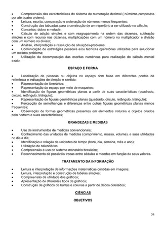 34
 Compreensão das características do sistema de numeração decimal ( números compostos
por até quatro ordens);
 Leitura, escrita, comparação e ordenação de números menos frequentes;
 Construção das tabuadas para a construção de um repertório a ser utilizado no cálculo;
 Conceitos: dobro e metade;
 Calculo de adição simples e com reagrupamento na ordem das dezenas, subtração
simples e com recurso nas dezenas, multiplicações com um número no multiplicador e divisão
com um número no divisor;
 Análise, interpretação e resolução de situações-problema;
 Comunicação de estratégias pessoais e/ou técnicas operatórias utilizadas para solucionar
um mesmo problema;
 Utilização da decomposição das escritas numéricas para realização do cálculo mental
exato.
ESPAÇO E FORMA
 Localização de pessoas ou objetos no espaço com base em diferentes pontos de
referência e indicações de direção e sentido;
 Representação de itinerários;
 Representação do espaço por meio de maquetes;
 Identificação de figuras geométricas planas a partir de suas características (quadrado,
círculo, retângulo, triângulo);
 Representação de figuras geométricas planas (quadrado, círculo, retângulo, triângulo);
 Percepção de semelhanças e diferenças entre outras figuras geométricas planas menos
frequentes;
 Observação de formas geométricas presentes em elementos naturais e objetos criados
pelo homem e suas características;
GRANDEZAS E MEDIDAS
 Uso de instrumentos de medidas convencionais;
 Conhecimento das unidades de medidas (comprimento, massa, volume), e suas utilidades
no dia a dia;
 Identificação e relação de unidades de tempo (hora, dia, semana, mês e ano);
 Utilização de calendários.
 Compreensão e uso do sistema monetário brasileiro;
 Reconhecimento de possíveis trocas entre cédulas e moedas em função de seus valores.
TRATAMENTO DA INFORMAÇÃO
 Leitura e interpretação de informações matemáticas contidas em imagens;
 Leitura, interpretação e construção de tabelas simples;
 Compreensão da utilidade dos gráficos;
 Apresentação de diferentes tipos de gráficos;
 Construção de gráficos de barras e colunas a partir de dados coletados;
CIÊNCIAS
OBJETIVOS
 