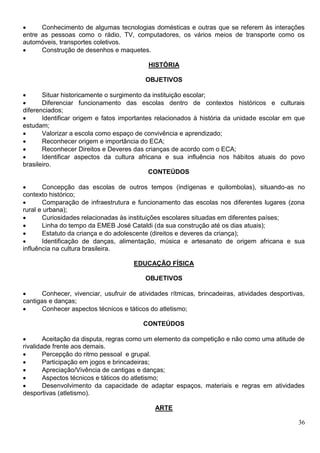 36
 Conhecimento de algumas tecnologias domésticas e outras que se referem às interações
entre as pessoas como o rádio, TV, computadores, os vários meios de transporte como os
automóveis, transportes coletivos.
 Construção de desenhos e maquetes.
HISTÓRIA
OBJETIVOS
 Situar historicamente o surgimento da instituição escolar;
 Diferenciar funcionamento das escolas dentro de contextos históricos e culturais
diferenciados;
 Identificar origem e fatos importantes relacionados à história da unidade escolar em que
estudam;
 Valorizar a escola como espaço de convivência e aprendizado;
 Reconhecer origem e importância do ECA;
 Reconhecer Direitos e Deveres das crianças de acordo com o ECA;
 Identificar aspectos da cultura africana e sua influência nos hábitos atuais do povo
brasileiro.
CONTEÚDOS
 Concepção das escolas de outros tempos (indígenas e quilombolas), situando-as no
contexto histórico;
 Comparação de infraestrutura e funcionamento das escolas nos diferentes lugares (zona
rural e urbana);
 Curiosidades relacionadas às instituições escolares situadas em diferentes países;
 Linha do tempo da EMEB José Cataldi (da sua construção até os dias atuais);
 Estatuto da criança e do adolescente (direitos e deveres da criança);
 Identificação de danças, alimentação, música e artesanato de origem africana e sua
influência na cultura brasileira.
EDUCAÇÃO FÍSICA
OBJETIVOS
 Conhecer, vivenciar, usufruir de atividades rítmicas, brincadeiras, atividades desportivas,
cantigas e danças;
 Conhecer aspectos técnicos e táticos do atletismo;
CONTEÚDOS
 Aceitação da disputa, regras como um elemento da competição e não como uma atitude de
rivalidade frente aos demais.
 Percepção do ritmo pessoal e grupal.
 Participação em jogos e brincadeiras;
 Apreciação/Vivência de cantigas e danças;
 Aspectos técnicos e táticos do atletismo;
 Desenvolvimento da capacidade de adaptar espaços, materiais e regras em atividades
desportivas (atletismo).
ARTE
 