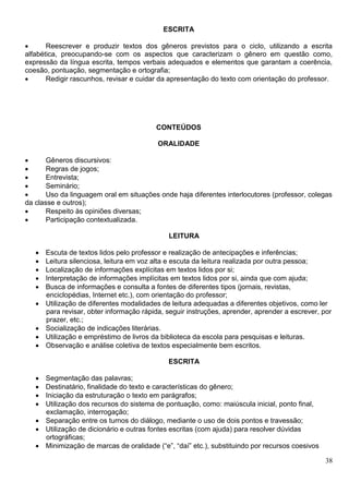 38
ESCRITA
 Reescrever e produzir textos dos gêneros previstos para o ciclo, utilizando a escrita
alfabética, preocupando-se com os aspectos que caracterizam o gênero em questão como,
expressão da língua escrita, tempos verbais adequados e elementos que garantam a coerência,
coesão, pontuação, segmentação e ortografia;
 Redigir rascunhos, revisar e cuidar da apresentação do texto com orientação do professor.
CONTEÚDOS
ORALIDADE
 Gêneros discursivos:
 Regras de jogos;
 Entrevista;
 Seminário;
 Uso da linguagem oral em situações onde haja diferentes interlocutores (professor, colegas
da classe e outros);
 Respeito às opiniões diversas;
 Participação contextualizada.
LEITURA
 Escuta de textos lidos pelo professor e realização de antecipações e inferências;
 Leitura silenciosa, leitura em voz alta e escuta da leitura realizada por outra pessoa;
 Localização de informações explícitas em textos lidos por si;
 Interpretação de informações implícitas em textos lidos por si, ainda que com ajuda;
 Busca de informações e consulta a fontes de diferentes tipos (jornais, revistas,
enciclopédias, Internet etc.), com orientação do professor;
 Utilização de diferentes modalidades de leitura adequadas a diferentes objetivos, como ler
para revisar, obter informação rápida, seguir instruções, aprender, aprender a escrever, por
prazer, etc.;
 Socialização de indicações literárias.
 Utilização e empréstimo de livros da biblioteca da escola para pesquisas e leituras.
 Observação e análise coletiva de textos especialmente bem escritos.
ESCRITA
 Segmentação das palavras;
 Destinatário, finalidade do texto e características do gênero;
 Iniciação da estruturação o texto em parágrafos;
 Utilização dos recursos do sistema de pontuação, como: maiúscula inicial, ponto final,
exclamação, interrogação;
 Separação entre os turnos do diálogo, mediante o uso de dois pontos e travessão;
 Utilização de dicionário e outras fontes escritas (com ajuda) para resolver dúvidas
ortográficas;
 Minimização de marcas de oralidade (“e”, “daí” etc.), substituindo por recursos coesivos
 