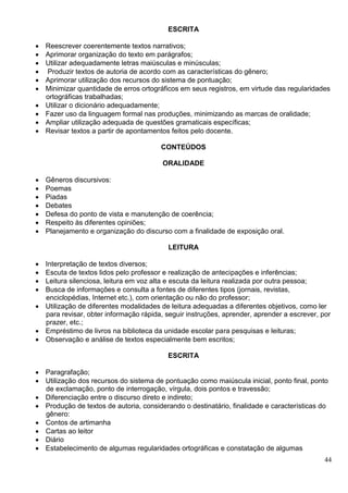 44
ESCRITA
 Reescrever coerentemente textos narrativos;
 Aprimorar organização do texto em parágrafos;
 Utilizar adequadamente letras maiúsculas e minúsculas;
 Produzir textos de autoria de acordo com as características do gênero;
 Aprimorar utilização dos recursos do sistema de pontuação;
 Minimizar quantidade de erros ortográficos em seus registros, em virtude das regularidades
ortográficas trabalhadas;
 Utilizar o dicionário adequadamente;
 Fazer uso da linguagem formal nas produções, minimizando as marcas de oralidade;
 Ampliar utilização adequada de questões gramaticais específicas;
 Revisar textos a partir de apontamentos feitos pelo docente.
CONTEÚDOS
ORALIDADE
 Gêneros discursivos:
 Poemas
 Piadas
 Debates
 Defesa do ponto de vista e manutenção de coerência;
 Respeito às diferentes opiniões;
 Planejamento e organização do discurso com a finalidade de exposição oral.
LEITURA
 Interpretação de textos diversos;
 Escuta de textos lidos pelo professor e realização de antecipações e inferências;
 Leitura silenciosa, leitura em voz alta e escuta da leitura realizada por outra pessoa;
 Busca de informações e consulta a fontes de diferentes tipos (jornais, revistas,
enciclopédias, Internet etc.), com orientação ou não do professor;
 Utilização de diferentes modalidades de leitura adequadas a diferentes objetivos, como ler
para revisar, obter informação rápida, seguir instruções, aprender, aprender a escrever, por
prazer, etc.;
 Empréstimo de livros na biblioteca da unidade escolar para pesquisas e leituras;
 Observação e análise de textos especialmente bem escritos;
ESCRITA
 Paragrafação;
 Utilização dos recursos do sistema de pontuação como maiúscula inicial, ponto final, ponto
de exclamação, ponto de interrogação, vírgula, dois pontos e travessão;
 Diferenciação entre o discurso direto e indireto;
 Produção de textos de autoria, considerando o destinatário, finalidade e características do
gênero:
 Contos de artimanha
 Cartas ao leitor
 Diário
 Estabelecimento de algumas regularidades ortográficas e constatação de algumas
 