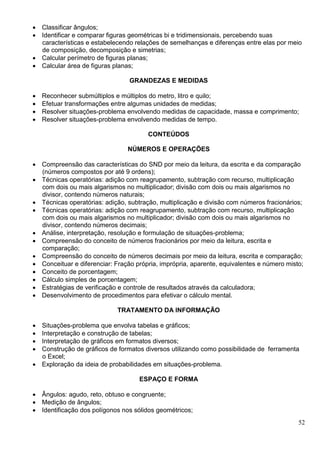 52
 Classificar ângulos;
 Identificar e comparar figuras geométricas bi e tridimensionais, percebendo suas
características e estabelecendo relações de semelhanças e diferenças entre elas por meio
de composição, decomposição e simetrias;
 Calcular perímetro de figuras planas;
 Calcular área de figuras planas;
GRANDEZAS E MEDIDAS
 Reconhecer submúltiplos e múltiplos do metro, litro e quilo;
 Efetuar transformações entre algumas unidades de medidas;
 Resolver situações-problema envolvendo medidas de capacidade, massa e comprimento;
 Resolver situações-problema envolvendo medidas de tempo.
CONTEÚDOS
NÚMEROS E OPERAÇÕES
 Compreensão das características do SND por meio da leitura, da escrita e da comparação
(números compostos por até 9 ordens);
 Técnicas operatórias: adição com reagrupamento, subtração com recurso, multiplicação
com dois ou mais algarismos no multiplicador; divisão com dois ou mais algarismos no
divisor, contendo números naturais;
 Técnicas operatórias: adição, subtração, multiplicação e divisão com números fracionários;
 Técnicas operatórias: adição com reagrupamento, subtração com recurso, multiplicação
com dois ou mais algarismos no multiplicador; divisão com dois ou mais algarismos no
divisor, contendo números decimais;
 Análise, interpretação, resolução e formulação de situações-problema;
 Compreensão do conceito de números fracionários por meio da leitura, escrita e
comparação;
 Compreensão do conceito de números decimais por meio da leitura, escrita e comparação;
 Conceituar e diferenciar: Fração própria, imprópria, aparente, equivalentes e número misto;
 Conceito de porcentagem;
 Cálculo simples de porcentagem;
 Estratégias de verificação e controle de resultados através da calculadora;
 Desenvolvimento de procedimentos para efetivar o cálculo mental.
TRATAMENTO DA INFORMAÇÃO
 Situações-problema que envolva tabelas e gráficos;
 Interpretação e construção de tabelas;
 Interpretação de gráficos em formatos diversos;
 Construção de gráficos de formatos diversos utilizando como possibilidade de ferramenta
o Excel;
 Exploração da ideia de probabilidades em situações-problema.
ESPAÇO E FORMA
 Ângulos: agudo, reto, obtuso e congruente;
 Medição de ângulos;
 Identificação dos polígonos nos sólidos geométricos;
 