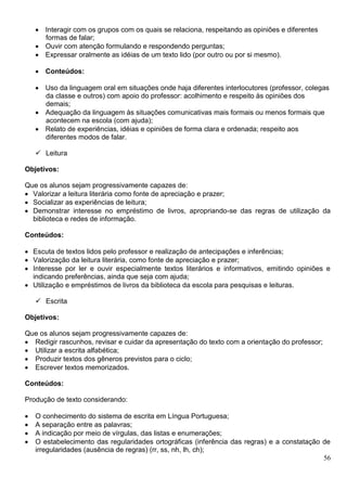 56
 Interagir com os grupos com os quais se relaciona, respeitando as opiniões e diferentes
formas de falar;
 Ouvir com atenção formulando e respondendo perguntas;
 Expressar oralmente as idéias de um texto lido (por outro ou por si mesmo).
 Conteúdos:
 Uso da linguagem oral em situações onde haja diferentes interlocutores (professor, colegas
da classe e outros) com apoio do professor: acolhimento e respeito às opiniões dos
demais;
 Adequação da linguagem às situações comunicativas mais formais ou menos formais que
acontecem na escola (com ajuda);
 Relato de experiências, idéias e opiniões de forma clara e ordenada; respeito aos
diferentes modos de falar.
 Leitura
Objetivos:
Que os alunos sejam progressivamente capazes de:
 Valorizar a leitura literária como fonte de apreciação e prazer;
 Socializar as experiências de leitura;
 Demonstrar interesse no empréstimo de livros, apropriando-se das regras de utilização da
biblioteca e redes de informação.
Conteúdos:
 Escuta de textos lidos pelo professor e realização de antecipações e inferências;
 Valorização da leitura literária, como fonte de apreciação e prazer;
 Interesse por ler e ouvir especialmente textos literários e informativos, emitindo opiniões e
indicando preferências, ainda que seja com ajuda;
 Utilização e empréstimos de livros da biblioteca da escola para pesquisas e leituras.
 Escrita
Objetivos:
Que os alunos sejam progressivamente capazes de:
 Redigir rascunhos, revisar e cuidar da apresentação do texto com a orientação do professor;
 Utilizar a escrita alfabética;
 Produzir textos dos gêneros previstos para o ciclo;
 Escrever textos memorizados.
Conteúdos:
Produção de texto considerando:
 O conhecimento do sistema de escrita em Língua Portuguesa;
 A separação entre as palavras;
 A indicação por meio de vírgulas, das listas e enumerações;
 O estabelecimento das regularidades ortográficas (inferência das regras) e a constatação de
irregularidades (ausência de regras) (rr, ss, nh, lh, ch);
 