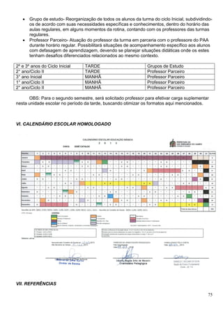 75
 Grupo de estudo- Reorganização de todos os alunos da turma do ciclo Inicial, subdividindo-
os de acordo com suas necessidades específicas e conhecimentos, dentro do horário das
aulas regulares, em alguns momentos da rotina, contando com os professores das turmas
regulares.
 Professor Parceiro- Atuação do professor da turma em parceria com o professore do PAA
durante horário regular. Possibilitará situações de acompanhamento específico aos alunos
com defasagem de aprendizagem, devendo se planejar situações didáticas onde os estes
tenham desafios diferenciados relacionados ao mesmo contexto.
2º e 3º anos do Ciclo Inicial TARDE Grupos de Estudo
2° ano/Ciclo II TARDE Professor Parceiro
3° ano Inicial MANHÃ Professor Parceiro
1° ano/Ciclo II MANHÃ Professor Parceiro
2° ano/Ciclo II MANHÃ Professor Parceiro
OBS: Para o segundo semestre, será solicitado professor para efetivar carga suplementar
nesta unidade escolar no período da tarde, buscando otimizar os formatos aqui mencionados.
VI. CALENDÁRIO ESCOLAR HOMOLOGADO
VII. REFERÊNCIAS
 