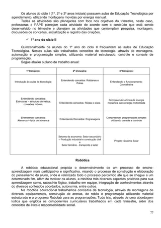 77
Os alunos do ciclo I (1º, 2º e 3º anos iniciais) possuem aulas de Educação Tecnológica por
agendamento, utilizando montagens movidas por energia manual.
Todas as atividades são planejadas com foco nos objetivos do trimestre, neste caso,
professoras e PAPE planejam cada atividade de acordo com o conteúdo que está sendo
desenvolvido no trimestre e planejam as atividades que contemplam pesquisa, montagem,
discussões de conceitos, socialização e registro das criações.
 1º ano do ciclo II
Quinzenalmente os alunos do 1º ano do ciclo II frequentam as aulas de Educação
Tecnológica. Nestas aulas são trabalhados conceitos de tecnologia, através de montagens,
automação e programação simples, utilizando material estruturado, controle e console de
programação.
Segue abaixo o plano de trabalho anual:
1º trimestre: 2º trimestre: 3º trimestre:
Introdução às aulas de tecnologia:
Entendendo conceitos: Roldanas e
Polias
Entendendo o funcionamento:
Cremalheira
Entendendo conceitos:
Estruturas – estrutura de treliça;
conexões móveis.
Entendendo conceitos: Rodas e eixos
Compreender a troca de energia
mecânica para energia motorizada
Entendendo conceitos:
Alavanca – tipos de alavanca
Entendendo Conceitos: Engrenagens
Compreender programações simples
utilizando console e controle
Setores da economia: Setor secundário
– Produção industrial e construção civil
e
Setor terciário - transporte e lazer
Projeto: Sistema Solar
Robótica
A robótica educacional propicia o desenvolvimento de um processo de ensino-
aprendizagem mais participativo e significativo, visando o processo de construção e elaboração
do pensamento do aluno, onde é valorizado todo o processo percorrido até que se chegue a um
determinado fim. Além de motivar os alunos, a robótica trás diversos aspectos positivos para sua
aprendizagem como, raciocínio lógico, trabalho em equipe, integração de conhecimentos através
do diversos conteúdos abordados, autonomia, entre outros.
Na robótica educacional trabalhamos conceitos de tecnologia, através de montagens de
diversos equipamentos, construção de arenas, de robôs e programação utilizando material
estruturado e o programa Robolab para as programações. Tudo isto, através de uma abordagem
lúdica que engloba os componentes curriculares trabalhados em cada trimestre, além dos
conceitos de ética e responsabilidade social.
 