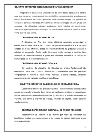 OBJETIVO ESPECÍFICO ANOS INICIAIS E ETAPAS INICIAIS EJA 
Proporcionar atividades e um ambiente de aprendizado adequado e atrativo 
para que os alunos possam adquirir os conteúdos correspondentes a cada ano do 
ensino fundamental, de forma agradável, relacionando sempre que possível os 
conteúdos com sua realidade. Possibilitar ao aluno a interação em um grupo com 
pessoas de diferentes culturas, praticando bons hábitos de convivência. 
Despertar o prazer diante da aquisição de novos conhecimentos e desafios, assim 
como o gosto pela leitura. 
OBJETIVO ESPECÍFICO DE ARTES 
A disciplina de Arte tem como objetivos principais desenvolver o 
conhecimento sobre arte e seu contexto de produção histórico e a apreciação 
estética de bens artísticos, aliado ao desenvolvimento da produção pessoal e 
coletiva do educando. Deste modo, tem como meta valorizar e apreciar bens 
artísticos de diferentes culturas e povos em diferentes momentos da história da 
humanidade até a contemporaneidade. 
OBJETIVO ESPECÍFICO DE CIÊNCIAS 
Os objetivos da disciplina de Ciências no ensino fundamental são 
concebidos para que o aluno desenvolva competências que lhe permitam 
compreender o mundo e atuar como indivíduo e como cidadão, utilizando 
conhecimentos de natureza científica e tecnológica. 
OBJETIVO ESPECÍFICO DA DISCIPLINA DE EDUCAÇÃO FÍSICA 
Desenvolver através da prática desportiva o conhecimento teórico-prático 
acerca do esporte ensinado, bem como as habilidades motoras e capacidades 
físicas inerentes ao desenvolvimento motor do educando e valores intrínsecos ao 
esporte, tais como o espírito de equipe, respeito às regras, saber competir 
saudavelmente. 
OBJETIVO ESPECÍFICO DA DISCIPLINA DE ENSINO RELIGIOSO 
Reconstrução do homem e do mundo por meio do despertar das 
habilidades muitas vezes adormecidas e do resgate de valores essenciais a uma 
vida de qualidade. 
13 
 