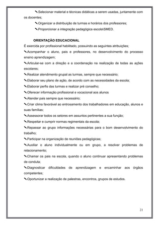 Selecionar material e técnicas didáticas a serem usadas, juntamente com 
os docentes; 
Organizar a distribuição de turmas e horários dos professores; 
Proporcionar a integração pedagógica escolaSMED. 
ORIENTAÇÃO EDUCACIONAL 
É exercida por profissional habilitado, possuindo as seguintes atribuições; 
Acompanhar o aluno, pais e professores, no desenvolvimento do processo 
ensino aprendizagem; 
Articular-se com a direção e a coordenação na realização de todas as ações 
escolares; 
Realizar atendimento grupal as turmas, sempre que necessário; 
Elaborar seu plano de ação, de acordo com as necessidades da escola; 
Elaborar perfis das turmas e realizar pré conselho; 
Oferecer informação profissional e vocacional aos alunos 
Atender pais sempre que necessário; 
Criar clima favorável ao entrosamento dos trabalhadores em educação, alunos e 
suas famílias; 
Assessorar todos os setores em assuntos pertinentes a sua função; 
Respeitar e cumprir normas regimentais da escola; 
Repassar ao grupo informações necessárias para o bom desenvolvimento do 
trabalho; 
Participar na organização de reuniões pedagógicas; 
Auxiliar o aluno individualmente ou em grupo, a resolver problemas de 
relacionamento; 
Chamar os pais na escola, quando o aluno continuar apresentando problemas 
de conduta; 
Diagnosticar dificuldades de aprendizagem e encaminhar aos órgãos 
competentes; 
Oportunizar a realização de palestras, encontros, grupos de estudos. 
21 
 