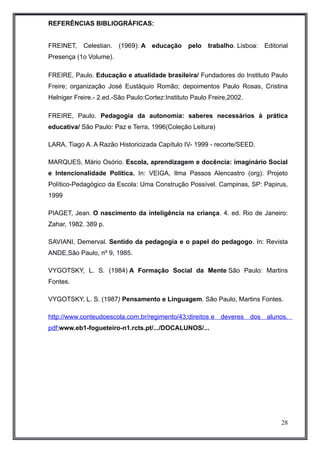 REFERÊNCIAS BIBLIOGRÁFICAS: 
FREINET, Celestian. (1969): A educação pelo trabalho. Lisboa: Editorial 
Presença (1o Volume). 
FREIRE, Paulo. Educação e atualidade brasileira/ Fundadores do Instituto Paulo 
Freire; organização José Eustáquio Romão; depoimentos Paulo Rosas, Cristina 
Helniger Freire.- 2.ed.-São Paulo:Cortez:Instituto Paulo Freire,2002. 
FREIRE, Paulo. Pedagogia da autonomia: saberes necessários à prática 
educativa/ São Paulo: Paz e Terra, 1996(Coleção Leitura) 
LARA, Tiago A. A Razão Historicizada Capítulo IV- 1999 - recorte/SEED. 
MARQUES, Mário Osório. Escola, aprendizagem e docência: imaginário Social 
e Intencionalidade Política. In: VEIGA, Ilma Passos Alencastro (org). Projeto 
Político-Pedagógico da Escola: Uma Construção Possível. Campinas, SP: Papirus, 
1999 
PIAGET, Jean. O nascimento da inteligência na criança. 4. ed. Rio de Janeiro: 
Zahar, 1982. 389 p. 
SAVIANI, Demerval. Sentido da pedagogia e o papel do pedagogo. In: Revista 
ANDE,São Paulo, nº 9, 1985. 
VYGOTSKY, L. S. (1984) A Formação Social da Mente São Paulo: Martins 
Fontes. 
VYGOTSKY, L. S. (1987) Pensamento e Linguagem. São Paulo, Martins Fontes. 
http://www.conteudoescola.com.br/regimento/43; direitos e deveres dos alunos . 
pdf;www.eb1-fogueteiro-n1.rcts.pt/.../DOCALUNOS/... 
28 
