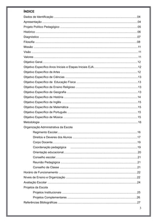ÍNDICE 
Dados de Identificação .......................................................................................................04 
Apresentação ......................................................................................................................04 
Projeto Político Pedagógico ................................................................................................05 
Histórico ..............................................................................................................................06 
Diagnóstico .........................................................................................................................07 
Filosofia ..............................................................................................................................08 
Missão .................................................................................................................................11 
Visão ....................................................................................................................................11 
Valores .................................................................................................................................11 
Objetivo Geral......................................................................................................................12 
Objetivo Específico Anos Iniciais e Etapas Iniciais EJA.......................................................12 
Objetivo Específico de Artes ...............................................................................................12 
Objetivo Específico de Ciências ..........................................................................................13 
Objetivo Específico de Educação Física ............................................................................13 
Objetivo Específico de Ensino Religioso .............................................................................13 
Objetivo Específico de Geografia ........................................................................................13 
Objetivo Específico de História ...........................................................................................14 
Objetivo Específico de Inglês ..............................................................................................15 
Objetivo Específico de Matemática .....................................................................................15 
Objetivo Específico de Português .......................................................................................15 
Objetivo Específico de Música ............................................................................................15 
Metodologia .........................................................................................................................16 
Organização Administrativa da Escola 
Regimento Escolar...................................................................................................16 
Direitos e Deveres dos Alunos ................................................................................17 
Corpo Docente.........................................................................................................19 
Coordenação pedagógica ...................................................................................19 
Orientação educacional............................................................................................20 
Conselho escolar......................................................................................................21 
Reunião Pedagógica ...............................................................................................21 
Conselho de Classe ................................................................................................21 
Horário de Funcionamento .................................................................................................22 
Níveis de Ensino e Organização ........................................................................................22 
Avaliação Escolar ...............................................................................................................24 
Projetos da Escola 
Projetos Institucionais .............................................................................................25 
Projetos Complementares ......................................................................................26 
Referências Bibliográficas ..................................................................................................27 
3 
 