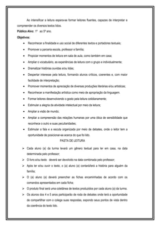 Ao intensificar a leitura espera-se formar leitores fluentes, capazes de interpretar e 
compreender os diversos textos lidos. 
Público Alvo: 1º ao 5º ano. 
Objetivos: 
· Reconhecer a finalidade e uso social de diferentes textos e portadores textuais; 
· Promover a parceria escola, professor e família; 
· Propiciar momentos de leitura em sala de aula, como também em casa; 
· Ampliar o vocabulário, as experiências de leitura com o grupo e individualmente; 
· Dramatizar histórias ouvidas e/ou lidas; 
· Despertar interesse pela leitura, formando alunos críticos, coerentes e, com maior 
facilidade de interpretação; 
· Promover momentos de apreciação de diversas produções literárias e/ou artísticas; 
· Reconhecer a manifestação artística como meio de apropriação da linguagem. 
· Formar leitores desenvolvendo o gosto pela leitura cotidianamente; 
· Estimular a alegria da atividade intelectual por meio da leitura; 
· Ampliar a visão de mundo; 
· Ampliar a compreensão das relações humanas por uma ótica de sensibilidade que 
reconhece o outro e suas peculiaridades; 
· Estimular a fala e a escuta organizada por meio de debates, onde o leitor tem a 
oportunidade de posicionar-se acerca do que foi lido. 
PASTA DE LEITURA 
 Cada aluno (a) da turma levará um gênero textual para ler em casa, na data 
determinada pelo professor; 
 O livro e/ou texto deverá ser devolvido na data combinada pelo professor; 
 Após ler e/ou ouvir o texto, o (a) aluno (a) contará/lerá a história para alguém da 
família; 
 O (a) aluno (a) deverá preencher as fichas encaminhadas de acordo com os 
comandos apresentados em cada ficha; 
 O produto final será uma coletânea de textos produzidos por cada aluno (a) da turma. 
 Os alunos dos 4 e 5 anos participarão de roda de debates onde terá a oportunidade 
de compartilhar com o colega suas respostas, expondo seus pontos de vista dentro 
da coerência do texto lido. 
 