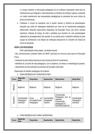 e a dança mediante a intervenção pedagógica de um professor especialista nesta área do 
conhecimento que integrado e inter-relacionado ao trabalho do professor regente, contemple 
um melhor atendimento das necessidades pedagógicas do estudante dos anos iniciais do 
Ensino Fundamental; 
· Fortalecer o vínculo do estudante com a escola visando à melhoria da aprendizagem 
daqueles que estão em defasagem idade/série por meio de um atendimento pedagógico 
diferenciado utilizando instrumentos específicos da Educação Física, tais como: eventos 
esportivos, festivais de dança, de lutas e ginástica que resultem em uma aprendizagem 
adequada ao prosseguimento dos estudos ou ao avanço para a série/ano indicada (o) pela 
equipe de professores e da direção da instituição educacional no Conselho de Classe da 
turma do estudante. 
PERFIL DO PROFESSOR 
Para a participação neste projeto, o professor deverá: 
- Ser, prioritariamente, professor efetivo da SEDF, aprovado em concurso para atuar em Educação 
Física; 
- interessar-se pela prática docente em anos iniciais do Ensino Fundamental; 
- Identificar-se, do ponto de vista pedagógico, com os objetivos, as metas e a metodologia do projeto; 
- disponibilizar-se para participar do processo de formação continuada. 
Organização do trabalho pedagógico do professor 
· PARA REGÊNCIA NO TURNO MATUTINO: 
Turno Segunda-feira 
Terça-feira Quarta-feira Quinta-feira Sexta-feira 
Matutino 
Regência Regência Regência Regência Regência 
Vespertino 
Coordenação 
Pedagógica 
Individual 
Curso de 
Formação/Coord. 
Pedagógica 
Coordenação 
Pedagógica 
Coletiva 
Coordenação 
Pedagógica com os 
regentes. 
Coordenação 
pedagógica no 
CEFDESC/GEEFES 
Coordenação 
Pedagógica 
Individual 
· PARA REGÊNCIA NO TURNO VESPERTINO: 
Turno Segunda-feira 
Terça-feira Quarta-feira Quinta-feira Sexta-feira 
 
