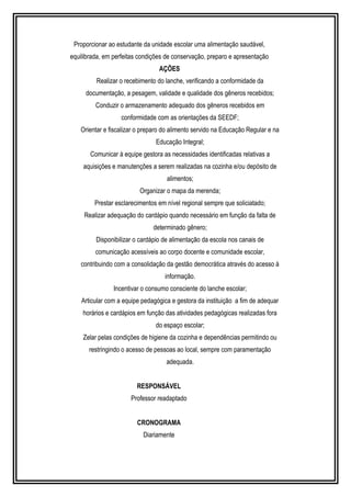 Proporcionar ao estudante da unidade escolar uma alimentação saudável, 
equilibrada, em perfeitas condições de conservação, preparo e apresentação 
AÇÕES 
Realizar o recebimento do lanche, verificando a conformidade da 
documentação, a pesagem, validade e qualidade dos gêneros recebidos; 
Conduzir o armazenamento adequado dos gêneros recebidos em 
conformidade com as orientações da SEEDF; 
Orientar e fiscalizar o preparo do alimento servido na Educação Regular e na 
Educação Integral; 
Comunicar à equipe gestora as necessidades identificadas relativas a 
aquisições e manutenções a serem realizadas na cozinha e/ou depósito de 
alimentos; 
Organizar o mapa da merenda; 
Prestar esclarecimentos em nível regional sempre que soliciatado; 
Realizar adequação do cardápio quando necessário em função da falta de 
determinado gênero; 
Disponibilizar o cardápio de alimentação da escola nos canais de 
comunicação acessíveis ao corpo docente e comunidade escolar, 
contribuindo com a consolidação da gestão democrática através do acesso à 
informação. 
Incentivar o consumo consciente do lanche escolar; 
Articular com a equipe pedagógica e gestora da instituição a fim de adequar 
horários e cardápios em função das atividades pedagógicas realizadas fora 
do espaço escolar; 
Zelar pelas condições de higiene da cozinha e dependências permitindo ou 
restringindo o acesso de pessoas ao local, sempre com paramentação 
adequada. 
RESPONSÁVEL 
Professor readaptado 
CRONOGRAMA 
Diariamente 
 