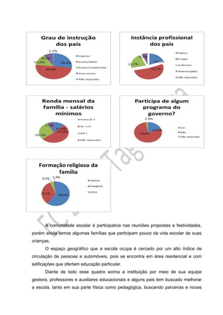 A comunidade escolar é participativa nas reuniões propostas e festividades,
porém ainda temos algumas famílias que participam pouco da vida escolar de suas
crianças.
O espaço geográfico que a escola ocupa é cercado por um alto índice de
circulação de pessoas e automóveis, pois se encontra em área residencial e com
edificações que ofertam educação particular.
Diante de todo esse quadro acima a instituição por meio de sua equipe
gestora, professores e auxiliares educacionais e alguns pais tem buscado melhorar
a escola, tanto em sua parte física como pedagógica, buscando parcerias e novas
 