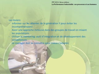 Les leviers:
- Informer sur les attentes de la génération Y pour éviter les
incompréhensions
- Avoir une approche inclusive dans des groupes de travail en mixant
les populations.
- Utiliser le mentoring: outil d’intégration et de développement des
compétences
- Le manager doit se connaître pour mieux s’adapter.
 