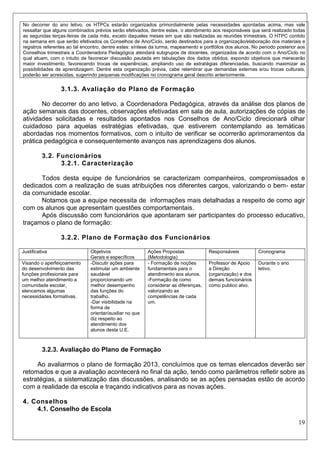 19 
3.1.3. Avaliação do Plano de Formação 
No decorrer do ano letivo, a Coordenadora Pedagógica, através da análise dos planos de ação semanais das docentes, observações efetivadas em sala de aula, autorizações de cópias de atividades solicitadas e resultados apontados nos Conselhos de Ano/Ciclo direcionará olhar cuidadoso para aquelas estratégias efetivadas, que estiverem contemplando as temáticas abordadas nos momentos formativos, com o intuito de verificar se ocorrerão aprimoramentos da prática pedagógica e consequentemente avanços nas aprendizagens dos alunos. 
3.2. Funcionários 
3.2.1. Caracterização 
Todos desta equipe de funcionários se caracterizam companheiros, compromissados e dedicados com a realização de suas atribuições nos diferentes cargos, valorizando o bem- estar da comunidade escolar. 
Notamos que a equipe necessita de informações mais detalhadas a respeito de como agir com os alunos que apresentam questões comportamentais. 
Após discussão com funcionários que apontaram ser participantes do processo educativo, traçamos o plano de formação: 
3.2.2. Plano de Formação dos Funcionários 
Justificativa 
Objetivos 
Gerais e específicos 
Ações Propostas 
(Metodologia) 
Responsáveis 
Cronograma 
Visando o aperfeiçoamento do desenvolvimento das funções profissionais para um melhor atendimento a comunidade escolar, elencamos algumas necessidades formativas. 
-Discutir ações para estimular um ambiente saudável proporcionando um melhor desempenho das funções do trabalho. 
-Dar visibilidade na forma de orientar/auxiliar no que diz respeito ao atendimento dos alunos desta U.E. 
- Formação de noções fundamentais para o atendimento aos alunos. 
-Formação de como considerar as diferenças, valorizando as competências de cada um. 
Professor de Apoio a Direção (organização) e dos demais funcionários como publico alvo. 
Durante o ano letivo. 
3.2.3. Avaliação do Plano de Formação 
Ao avaliarmos o plano de formação 2013, concluímos que os temas elencados deverão ser retomados e que a avaliação acontecerá no final da ação, tendo como parâmetros refletir sobre as estratégias, a sistematização das discussões, analisando se as ações pensadas estão de acordo com a realidade da escola e traçando indicativos para as novas ações. 
4. Conselhos 
4.1. Conselho de Escola 
No decorrer do ano letivo, os HTPCs estarão organizados primordialmente pelas necessidades apontadas acima, mas vale ressaltar que alguns combinados prévios serão efetivados, dentre estes, o atendimento aos responsáveis que será realizado todas as segundas terças-feiras de cada mês, exceto daqueles meses em que são realizadas as reuniões trimestrais. O HTPC contido na semana em que serão efetivados os Conselhos de Ano/Ciclo, serão destinados para a organização/elaboração dos materiais e registros referentes ao tal encontro, dentre estes: síntese da turma, mapeamento e portfólios dos alunos. No período posterior aos Conselhos trimestrais a Coordenadora Pedagógica atendará subgrupos de docentes, organizados de acordo com o Ano/Ciclo no qual atuam, com o intuito de favorecer discussão pautada em tabulações dos dados obtidos, expondo objetivos que merecerão maior investimento, favorecendo trocas de experiências, ampliando uso de estratégias diferenciadas, buscando maximizar as possibilidades de aprendizagem. Dentre esta organização prévia, cabe relembrar que demandas externas e/ou trocas culturais, poderão ser acrescidas, sugerindo pequenas modificações no cronograma geral descrito anteriormente.  