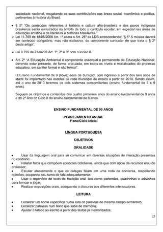 25 
sociedade nacional, resgatando as suas contribuições nas áreas social, econômica e política, pertinentes à história do Brasil. 
 § 2º “Os conteúdos referentes à história e cultura afro-brasileira e dos povos indígenas brasileiros serão ministrados no âmbito de todo o currículo escolar, em especial nas áreas de educação artística e de literatura e histórias brasileiras.” 
 Lei 11.769 de 18/08/2008 Art. 1º altera o Art. 26º da LDB acrescentando: “§ 6º A música deverá ser conteúdo obrigatório, mas não exclusivo, do componente curricular de que trata o § 2º deste artigo”. 
 Lei 9.795 de 27/04/99 Art. 1º, 2º e 3º com o inciso II. 
 Art. 2º “A Educação Ambiental é componente essencial e permanente da Educação Nacional, devendo estar presente, de forma articulada, em todos os níveis e modalidades do processo educativo, em caráter formal e não formal”. 
O Ensino Fundamental de 9 (nove) anos de duração, com ingresso a partir dos seis anos de idade foi implantado nas escolas da rede municipal de ensino a partir de 2010. Sendo assim, até o ano de 2013 teremos os dois sistemas concomitantes (ensino fundamental de 8 e 9 anos). 
Seguem os objetivos e conteúdos dos quatro primeiros anos do ensino fundamental de 9 anos e do 2º Ano do Ciclo II do ensino fundamental de 8 anos. 
ENSINO FUNDAMENTAL DE 09 ANOS 
PLANEJAMENTO ANUAL 
1ºano/Ciclo Inicial 
LÍNGUA PORTUGUESA 
OBJETIVOS 
ORALIDADE 
 Usar da linguagem oral para se comunicar em diversas situações de interação presentes no cotidiano; 
 Relatar fatos que compõem episódios cotidianos, ainda que com apoio de recursos e/ou do professor; 
 Escutar atentamente o que os colegas falam em uma roda de conversa, respeitando opiniões, ocupando seu turno de fala adequadamente; 
 Usar o repertório de texto de tradição oral, tais como parlendas, quadrinhas e adivinhas para brincar e jogar; 
 Realizar exposições orais, adequando o discurso aos diferentes interlocutores. 
LEITURA 
 Localizar um nome específico numa lista de palavras do mesmo campo semântico; 
 Localizar palavras num texto que sabe de memória; 
 Ajustar o falado ao escrito a partir dos textos já memorizados;  
