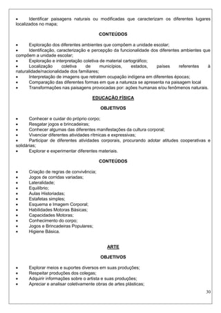 30 
 Identificar paisagens naturais ou modificadas que caracterizam os diferentes lugares localizados no mapa; 
CONTEÚDOS 
 Exploração dos diferentes ambientes que compõem a unidade escolar; 
 Identificação, caracterização e percepção da funcionalidade dos diferentes ambientes que compõem a unidade escolar; 
 Exploração e interpretação coletiva de material cartográfico; 
 Localização coletiva de municípios, estados, países referentes à naturalidade/nacionalidade dos familiares; 
 Interpretação de imagens que retratem ocupação indígena em diferentes épocas; 
 Comparação das diferentes formas em que a natureza se apresenta na paisagem local 
 Transformações nas paisagens provocadas por: ações humanas e/ou fenômenos naturais. 
EDUCAÇÃO FÍSICA 
OBJETIVOS 
 Conhecer e cuidar do próprio corpo; 
 Resgatar jogos e brincadeiras; 
 Conhecer algumas das diferentes manifestações da cultura corporal; 
 Vivenciar diferentes atividades rítmicas e expressivas; 
 Participar de diferentes atividades corporais, procurando adotar atitudes cooperativas e solidárias; 
 Explorar e experimentar diferentes materiais. 
CONTEÚDOS 
 Criação de regras de convivência; 
 Jogos de corridas variadas; 
 Lateralidade; 
 Equilíbrio; 
 Aulas Historiadas; 
 Estafetas simples; 
 Esquema e Imagem Corporal; 
 Habilidades Motoras Básicas; 
 Capacidades Motoras; 
 Conhecimento do corpo; 
 Jogos e Brincadeiras Populares; 
 Higiene Básica. 
ARTE 
OBJETIVOS 
 Explorar meios e suportes diversos em suas produções; 
 Respeitar produções dos colegas; 
 Adquirir informações sobre o artista e suas produções; 
 Apreciar e analisar coletivamente obras de artes plásticas;  