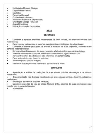 37 
 Habilidades Motoras Básicas; 
 Capacidades Físicas; 
 Estafetas; 
 Esquema Corporal; 
 Conhecimento do corpo; 
 Atividades Rítmicas e Expressivas; 
 Orientação Espaço Temporal; 
 Jogos Simbólicos; 
 Utilização e criação de circuitos. 
ARTE 
OBJETIVOS 
 Conhecer e apreciar diferentes modalidades de artes visuais, por meio do contato com reproduções; 
 Experimentar vários meios e suportes nas diferentes modalidades de artes visuais; 
 Conhecer e apreciar produções de artistas e aspectos de suas biografias, situando-as no contexto histórico/cultural; 
 Apreciar diferentes gêneros de obras musicais, refletindo sobre suas características; 
 Vivenciar movimentos corporais, valorizando e respeitando o jeito de cada um; 
 Apreciar trabalhos de artistas que são referência em autorretrato; 
 Fazer autorretrato com desenho e pintura; 
 Atribuir signos a própria imagem; 
 Identificar marcas pessoais na maneira de desenhar e pintar. 
CONTEÚDOS 
 Apreciação e análise de produções de artes visuais próprias, de colegas e de artistas renomados; 
 Experimentação nas diversas modalidades de artes visuais: pintura, desenho, colagem e modelagem; 
 Exploração de meios e suportes variados; 
 Estudo de aspectos da vida do artista Romero Britto, algumas de suas produções e sua relação com o contexto histórico; 
 Autorretrato. 
 