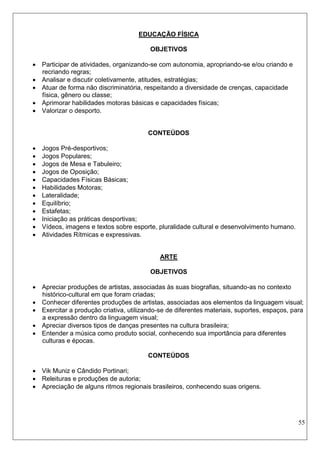 55 
EDUCAÇÃO FÍSICA 
OBJETIVOS 
 Participar de atividades, organizando-se com autonomia, apropriando-se e/ou criando e recriando regras; 
 Analisar e discutir coletivamente, atitudes, estratégias; 
 Atuar de forma não discriminatória, respeitando a diversidade de crenças, capacidade física, gênero ou classe; 
 Aprimorar habilidades motoras básicas e capacidades físicas; 
 Valorizar o desporto. 
CONTEÚDOS 
 Jogos Pré-desportivos; 
 Jogos Populares; 
 Jogos de Mesa e Tabuleiro; 
 Jogos de Oposição; 
 Capacidades Físicas Básicas; 
 Habilidades Motoras; 
 Lateralidade; 
 Equilíbrio; 
 Estafetas; 
 Iniciação as práticas desportivas; 
 Vídeos, imagens e textos sobre esporte, pluralidade cultural e desenvolvimento humano. 
 Atividades Rítmicas e expressivas. 
ARTE 
OBJETIVOS 
 Apreciar produções de artistas, associadas às suas biografias, situando-as no contexto histórico-cultural em que foram criadas; 
 Conhecer diferentes produções de artistas, associadas aos elementos da linguagem visual; 
 Exercitar a produção criativa, utilizando-se de diferentes materiais, suportes, espaços, para a expressão dentro da linguagem visual; 
 Apreciar diversos tipos de danças presentes na cultura brasileira; 
 Entender a música como produto social, conhecendo sua importância para diferentes culturas e épocas. 
CONTEÚDOS 
 Vik Muniz e Cândido Portinari; 
 Releituras e produções de autoria; 
 Apreciação de alguns ritmos regionais brasileiros, conhecendo suas origens. 
 