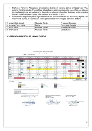 61 
 Professor Parceiro- Atuação do professor da turma em parceria com o professore do PAA durante horário regular. Possibilitará situações de acompanhamento específico aos alunos com defasagem de aprendizagem, devendo se planejar situações didáticas onde os estes tenham desafios diferenciados relacionados ao mesmo contexto. 
 Contraturno- Organização de agrupamentos em horário contrário ao do ensino regular, no máximo 15 alunos. Se dará duas vezes por semana com duração média de 1h40m. 
2º anos / Ciclo Inicial 
Manhã e Tarde 
Professor Parceiro 
3º anos do Ciclo Inicial 
Tarde 
Grupos de Estudo 
1° ano/Ciclo II 
Manhã e Tarde 
Professor Parceiro 
2° ano/Ciclo II 
Manhã e Tarde 
Contraturno 
VI. CALENDÁRIO ESCOLAR HOMOLOGADO 
 