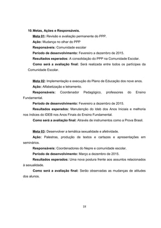 10.Metas, Ações e Responsáveis.
Meta 01: Revisão e avaliação permanente do PPP.
Ação: Mudança no olhar do PPP
Responsáveis: Comunidade escolar
Período de desenvolvimento: Fevereiro a dezembro de 2015.
Resultados esperados: A consolidação do PPP na Comunidade Escolar.
Como será a avaliação final: Será realizada entre todos os partícipes da
Comunidade Escolar.
Meta 02: Implementação e execução do Plano de Educação dos nove anos.
Ação: Alfabetização e letramento.
Responsáveis: Coordenador Pedagógico, professores do Ensino
Fundamental.
Período de desenvolvimento: Fevereiro a dezembro de 2015.
Resultados esperados: Manutenção do Ideb dos Anos Iniciais e melhoria
nos índices do IDEB nos Anos Finais do Ensino Fundamental.
Como será a avaliação final: Através de instrumentos como a Prova Brasil.
Meta 03: Desenvolver a temática sexualidade e afetividade.
Ação: Palestras, produção de textos e cartazes e apresentações em
seminários.
Responsáveis: Coordenadores do Nepre e comunidade escolar.
Período de desenvolvimento: Março a dezembro de 2015.
Resultados esperados: Uma nova postura frente aos assuntos relacionados
à sexualidade.
Como será a avaliação final: Serão observadas as mudanças de atitudes
dos alunos.
18
 
