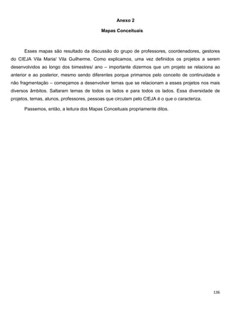136
Anexo 2
Mapas Conceituais
Esses mapas são resultado da discussão do grupo de professores, coordenadores, gestores
do CIEJA Vila Maria/ Vila Guilherme. Como explicamos, uma vez definidos os projetos a serem
desenvolvidos ao longo dos bimestres/ ano – importante dizermos que um projeto se relaciona ao
anterior e ao posterior, mesmo sendo diferentes porque primamos pelo conceito de continuidade e
não fragmentação – começamos a desenvolver temas que se relacionam a esses projetos nos mais
diversos âmbitos. Saltaram temas de todos os lados e para todos os lados. Essa diversidade de
projetos, temas, alunos, professores, pessoas que circulam pelo CIEJA é o que o caracteriza.
Passemos, então, a leitura dos Mapas Conceituais propriamente ditos.
 