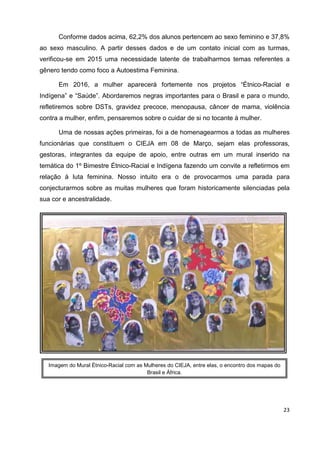 23
Conforme dados acima, 62,2% dos alunos pertencem ao sexo feminino e 37,8%
ao sexo masculino. A partir desses dados e de um contato inicial com as turmas,
verificou-se em 2015 uma necessidade latente de trabalharmos temas referentes a
gênero tendo como foco a Autoestima Feminina.
Em 2016, a mulher aparecerá fortemente nos projetos “Étnico-Racial e
Indígena” e “Saúde”. Abordaremos negras importantes para o Brasil e para o mundo,
refletiremos sobre DSTs, gravidez precoce, menopausa, câncer de mama, violência
contra a mulher, enfim, pensaremos sobre o cuidar de si no tocante à mulher.
Uma de nossas ações primeiras, foi a de homenagearmos a todas as mulheres
funcionárias que constituem o CIEJA em 08 de Março, sejam elas professoras,
gestoras, integrantes da equipe de apoio, entre outras em um mural inserido na
temática do 1º Bimestre Étnico-Racial e Indígena fazendo um convite a refletirmos em
relação à luta feminina. Nosso intuito era o de provocarmos uma parada para
conjecturarmos sobre as muitas mulheres que foram historicamente silenciadas pela
sua cor e ancestralidade.
Imagem do Mural Étnico-Racial com as Mulheres do CIEJA, entre elas, o encontro dos mapas do
Brasil e África.
 