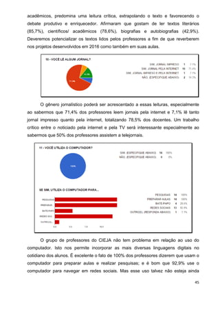 45
acadêmicos, predomina uma leitura crítica, extrapolando o texto e favorecendo o
debate produtivo e enriquecedor. Afirmaram que gostam de ler textos literários
(85,7%), científicos/ acadêmicos (78,6%), biografias e autobiografias (42,9%).
Deveremos potencializar os textos lidos pelos professores a fim de que reverberem
nos projetos desenvolvidos em 2016 como também em suas aulas.
O gênero jornalístico poderá ser acrescentado a essas leituras, especialmente
ao sabermos que 71,4% dos professores leem jornais pela internet e 7,1% lê tanto
jornal impresso quanto pela internet, totalizando 78,5% dos docentes. Um trabalho
crítico entre o noticiado pela internet e pela TV será interessante especialmente ao
sabermos que 50% dos professores assistem a telejornais.
O grupo de professores do CIEJA não tem problema em relação ao uso do
computador. Isto nos permite incorporar as mais diversas linguagens digitais no
cotidiano dos alunos. É excelente o fato de 100% dos professores dizerem que usam o
computador para preparar aulas e realizar pesquisas; e é bom que 92,9% use o
computador para navegar em redes sociais. Mas esse uso talvez não esteja ainda
 