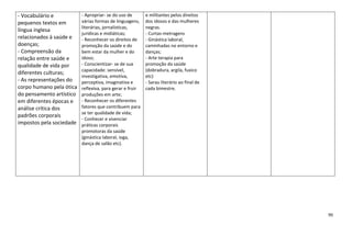 90
- Vocabulário e
pequenos textos em
língua inglesa
relacionados à saúde e
doenças;
- Compreensão da
relação entre saúde e
qualidade de vida por
diferentes culturas;
- As representações do
corpo humano pela ótica
do pensamento artístico
em diferentes épocas e
análise crítica dos
padrões corporais
impostos pela sociedade
- Apropriar- se do uso de
várias formas de linguagens,
literárias, jornalísticas,
jurídicas e midiáticas;
- Reconhecer os direitos de
promoção da saúde e do
bem estar da mulher e do
idoso;
- Conscientizar- se de sua
capacidade: sensível,
investigativa, emotiva,
perceptiva, imaginativa e
reflexiva, para gerar e fruir
produções em arte;
- Reconhecer os diferentes
fatores que contribuem para
se ter qualidade de vida;
- Conhecer e vivenciar
práticas corporais
promotoras da saúde
(ginástica laboral, ioga,
dança de salão etc).
e militantes pelos direitos
dos idosos e das mulheres
negras.
- Curtas-metragens
- Ginástica laboral,
caminhadas no entorno e
danças;
- Arte terapia para
promoção da saúde
(dobradura, argila, fuxico
etc)
- Sarau literário ao final de
cada bimestre.
 