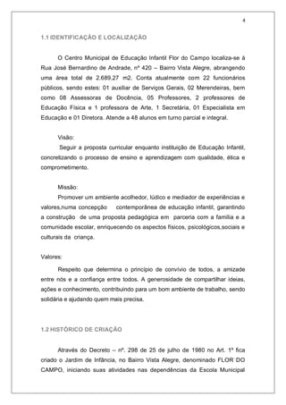 4
1.1 IDENTIFICAÇÃO E LOCALIZAÇÃO
O Centro Municipal de Educação Infantil Flor do Campo localiza-se à
Rua José Bernardino de Andrade, nº 420 – Bairro Vista Alegre, abrangendo
uma área total de 2.689,27 m2. Conta atualmente com 22 funcionários
públicos, sendo estes: 01 auxiliar de Serviços Gerais, 02 Merendeiras, bem
como 08 Assessoras de Docência, 05 Professores, 2 professores de
Educação Física e 1 professora de Arte, 1 Secretária, 01 Especialista em
Educação e 01 Diretora. Atende a 48 alunos em turno parcial e integral.
Visão:
Seguir a proposta curricular enquanto instituição de Educação Infantil,
concretizando o processo de ensino e aprendizagem com qualidade, ética e
comprometimento.
Missão:
Promover um ambiente acolhedor, lúdico e mediador de experiências e
valores,numa concepção contemporânea de educação infantil, garantindo
a construção de uma proposta pedagógica em parceria com a família e a
comunidade escolar, enriquecendo os aspectos físicos, psicológicos,sociais e
culturais da criança.
Valores:
Respeito que determina o princípio de convívio de todos, a amizade
entre nós e a confiança entre todos. A generosidade de compartilhar ideias,
ações e conhecimento, contribuindo para um bom ambiente de trabalho, sendo
solidária e ajudando quem mais precisa.
1.2 HISTÓRICO DE CRIAÇÃO
Através do Decreto – nº. 298 de 25 de julho de 1980 no Art. 1º fica
criado o Jardim de Infância, no Bairro Vista Alegre, denominado FLOR DO
CAMPO, iniciando suas atividades nas dependências da Escola Municipal
 