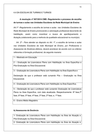 51
4.4 DA ESCOLHA DE TURMAS E TURNOS
A resolução nº 007/2014 CME- Regulamenta o processo de escolha
de turmas e aulas nas Unidades Escolares da Rede Municipal de Ensino
Art.1º -Regulamenta a escolha de turmas e aulas nas Unidades Escolares da
Rede Municipal de Ensino promovendo a valorização profissional decorrente da
habilitação, assim como incentivar a busca de aperfeiçoamento e
titulação,colaborando para a melhoria da qualidade educacional no município;
Art. 2º - Para atender ao disposto no Art. 1º, a escolha de turmas e aulas
nas Unidades Escolares da rede Municipal de Ensino, por Professores e
Assessores de Docência efetivos, deverá acontecer de acordo com os critérios
referentes à formação profissional, da seguinte maneira:
1 – Mestrado em Educação
2 – Graduação de Licenciatura Plena com Habilitação na Área Específica e
Pós-Graduação na Área Educacional.
3 – Graduação de Licenciatura Plena com Habilitação na Área Específica e
Declaração de que o professor está cursando Pós – Graduação na Área
Educacional.
4 – Graduação de Licenciatura Plena com Habilitação na Área Específica.
5 – Declaração de que o professor está cursando Graduação de Licenciatura
Plena na Área Específica, com data atualizada. Respectivamente: 8ª fase,7ª
fase, 6ª fase, 5ª fase, 4ª fase, 3ª fase, 2ª fase, e, 1ª fase.
6 – Ensino Médio Magistério
b) Assessores de Docência
1- Graduação de Licenciatura Plena com Habilitação na Área de Atuação e
Pós-Graduação na Área Educacional.
2- Graduação de Licenciatura Plena com habilitação na Área de Atuação e
 