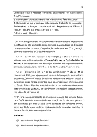 52
Declaração de que o Assessor de Docência está cursando Pós-Graduação na
Área Educacional.
3- Graduação de Licenciatura Plena com Habilitação na Área de Atuação.
4- Declaração de que o professor está cursando Graduação de Licenciatura
Plena na Área de Atuação, com data atualizada. Respectivamente: 8º Fase, 7º
Fase, 6º Fase, 5º Fase, 3º Fase, 2º Fase e 1º Fase.
5- Ensino Médio: Magistério
Art.3º - A titulação deverá ser comprovada através do diploma de graduação,
e certificado de pós-graduação, sendo permitida a apresentação de declaração
para quem estiver cursando pós-graduação conforme o item 03 e graduação
conforme o item 05 do art.2º desr=ta resolução.
Art. 4º - Tendo sido realizada a classificação por titulação, deverá ser
utilizada como critério ordenador, o Tempo de Serviço na Rede Municipal de
Ensino, a ser comprovado por declaração expedida pelo órgão competente,
com data atualizada, tendo como base o dia 30 de outubro do corrente ano.
Art. 5º - Conforme o Art. 151 da Lei Complementar nº 059 de 14 de
dezembro de 2010, para vigorar a partir do início letivo seguinte, será realizado
anualmente, processo seletivo de lotação específica em Unidade Escolar e
aumento de carga horária temporária, para os servidores em efetivo exercício
no Serviço Público Municipal, excluindo assim os que estejam em licença para
tratar de interesse particular, em cumprimento ao disposto, respectivamente,
nos artigos 94 e 61 dessa lei.
Art 6º Para a operacionalização do processo de escolha das turmas e turnos,
cada CMEI constituirá uma comissão,com duração de 2 (dois) anos, podendo
ser reconduzida por mais 2 (dois) anos, composta por servidores efetivos,
sendo um Titular e um suplente, preferencialmente em efetivo exercício na
Unidade Escolar, conforme relação abaixo:
1) EMEB’s
a) 01 representante dos professores I
b) 01 representante dos professores II
 