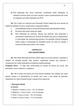 55
a) Para efetivação das novas matrículas, inicialmente serão analisados os
cadastros inscritos dentro do prazo previsto e assim sucessivamente até iniciar
os cadastros que serão realizados em 2016;
Art. 13 A ordem de matrícula para Educação Infantil Integral dar-se-á através da
análise do cadastro do aluno, observando os seguintes critérios:
I. Vulnerabilidade social ou encaminhamentos feitos pelo Ministério Público
II. Da menor para maior renda per capita;
III. Para efetivação da matrícula, sempre que possível, será observado o
zoneamento residencial e/ou de local de trabalho dos pais ou responsáveis.
A confirmação dos recibos/comprovantes e de atividade informal entregues
estará sujeito a averiguação de assistente social. Em caso de empate, o
número de filhos será usado como critério.
.CAPÍTULO VI
DAS VAGAS/TURNOS
Art. 14 A Rede Municipal de Ensino oferta vagas nos turnos matutino, vespertino e
integral, em Unidade Escolar mais próxima, respeitando sempre que possível, o
zoneamento de 3 (três) quilômetros de distância residência/escola.
Parágrafo Único – A vaga está condicionada ao número de alunos por turma, não
garantindo o turno matutino ou vespertino.
Art. 15 O número de alunos por turma deverá obedecer aos critérios que visam
garantir acesso e a permanência na escola, bem como o seu direito de aprender,
respeitando em cada Unidade Escolar o espaço físico disponível.
I. Educação Infantil:
a) Creche:
1. Berçário: 4 meses a 1 ano – 10 a 14 crianças;
2. Maternal I: 1 ano a 2 anos – 12 a 16 crianças;
3. Nível I: 2 anos e 3 anos – 16 a 18 crianças.
4. Nível II: 3 anos e 4 anos – 16 a 18 crianças.
 