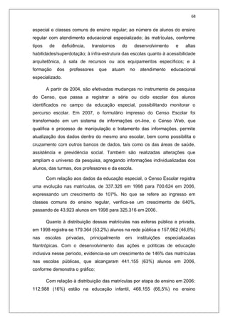 68
especial e classes comuns de ensino regular; ao número de alunos do ensino
regular com atendimento educacional especializado; às matrículas, conforme
tipos de deficiência, transtornos do desenvolvimento e altas
habilidades/superdotação; à infra-estrutura das escolas quanto à acessibilidade
arquitetônica, à sala de recursos ou aos equipamentos específicos; e à
formação dos professores que atuam no atendimento educacional
especializado.
A partir de 2004, são efetivadas mudanças no instrumento de pesquisa
do Censo, que passa a registrar a série ou ciclo escolar dos alunos
identificados no campo da educação especial, possibilitando monitorar o
percurso escolar. Em 2007, o formulário impresso do Censo Escolar foi
transformado em um sistema de informações on-line, o Censo Web, que
qualifica o processo de manipulação e tratamento das informações, permite
atualização dos dados dentro do mesmo ano escolar, bem como possibilita o
cruzamento com outros bancos de dados, tais como os das áreas de saúde,
assistência e previdência social. Também são realizadas alterações que
ampliam o universo da pesquisa, agregando informações individualizadas dos
alunos, das turmas, dos professores e da escola.
Com relação aos dados da educação especial, o Censo Escolar registra
uma evolução nas matrículas, de 337.326 em 1998 para 700.624 em 2006,
expressando um crescimento de 107%. No que se refere ao ingresso em
classes comuns do ensino regular, verifica-se um crescimento de 640%,
passando de 43.923 alunos em 1998 para 325.316 em 2006.
Quanto à distribuição dessas matrículas nas esferas pública e privada,
em 1998 registra-se 179.364 (53,2%) alunos na rede pública e 157.962 (46,8%)
nas escolas privadas, principalmente em instituições especializadas
filantrópicas. Com o desenvolvimento das ações e políticas de educação
inclusiva nesse período, evidencia-se um crescimento de 146% das matrículas
nas escolas públicas, que alcançaram 441.155 (63%) alunos em 2006,
conforme demonstra o gráfico:
Com relação à distribuição das matrículas por etapa de ensino em 2006:
112.988 (16%) estão na educação infantil, 466.155 (66,5%) no ensino
 