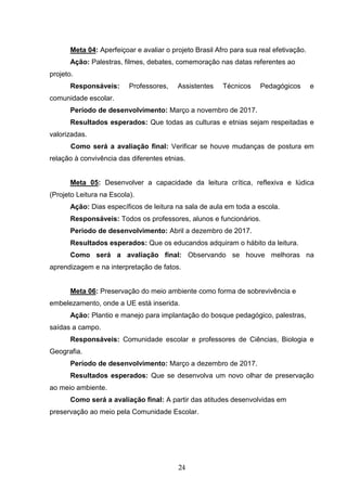 24
Meta 04: Aperfeiçoar e avaliar o projeto Brasil Afro para sua real efetivação.
Ação: Palestras, filmes, debates, comemoração nas datas referentes ao
projeto.
Responsáveis: Professores, Assistentes Técnicos Pedagógicos e
comunidade escolar.
Período de desenvolvimento: Março a novembro de 2017.
Resultados esperados: Que todas as culturas e etnias sejam respeitadas e
valorizadas.
Como será a avaliação final: Verificar se houve mudanças de postura em
relação à convivência das diferentes etnias.
Meta 05: Desenvolver a capacidade da leitura crítica, reflexiva e lúdica
(Projeto Leitura na Escola).
Ação: Dias específicos de leitura na sala de aula em toda a escola.
Responsáveis: Todos os professores, alunos e funcionários.
Período de desenvolvimento: Abril a dezembro de 2017.
Resultados esperados: Que os educandos adquiram o hábito da leitura.
Como será a avaliação final: Observando se houve melhoras na
aprendizagem e na interpretação de fatos.
Meta 06: Preservação do meio ambiente como forma de sobrevivência e
embelezamento, onde a UE está inserida.
Ação: Plantio e manejo para implantação do bosque pedagógico, palestras,
saídas a campo.
Responsáveis: Comunidade escolar e professores de Ciências, Biologia e
Geografia.
Período de desenvolvimento: Março a dezembro de 2017.
Resultados esperados: Que se desenvolva um novo olhar de preservação
ao meio ambiente.
Como será a avaliação final: A partir das atitudes desenvolvidas em
preservação ao meio pela Comunidade Escolar.
 