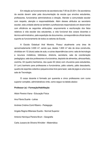 Em relação ao funcionamento da secretaria das 7:00 às 23:20 h. Os secretários
da escola devem zelar pela documentação da escola que envolve estudantes,
professores, funcionários administrativos e direção. Atender a comunidade escolar
com respeito, atenção e responsabilidade. Além desses atributos ao secretario
escolar, esta unidade atenta-se também a profissionais responsáveis em desenvolver
com eficiência as seguintes atribuições: arquivamento e escrituração dos fatos
relativos à vida escolar dos estudantes, a vida funcional dos corpos docentes e
técnico-administrativo, pela expedição de documentos, correspondência oficial dando
suporte ao funcionamento de todos os setores da Escola.
A Escola Estadual Aral Moreira. Possui atualmente uma área de
aproximadamente 3.000 m², sendo que, destes 1.600 m² são de área construída,
divididas em 12 (doze) salas de aula, e outras dependências como: sala de tecnologia
e recursos midiáticos, biblioteca, diretoria, secretaria, sala de coordenação
pedagógica, sala dos professores e funcionários, depósito de alimentos, almoxarifado,
cozinha, 04 (quatro) banheiros, dos quais 02 (dois) com chuveiros para estudantes,
01 (um) banheiro para professores e funcionários, pátio coberto, pátio descoberto,
quadra de esportes coberta e pequena área livre para lazer, sala de jogos e uma nova
sala de Tecnologia.
O corpo docente é formado por quarenta e cinco professores com curso
superior completo, administrativos vinte, como segue na tabela abaixo:
Professor (a) - Formação/Habilitação
Aldoir Pereira Viana - Educação Física
Ana Flávia Duarte - Letras
Andreia Cristina Conti Ribeiro - Pedagogia
Angela Regina Milanese Duarte - Normal Superior
Antonio Henrique Pereira Brum - Geografia
Carla Jussara de Oliveira Winckler - Matemática
 
