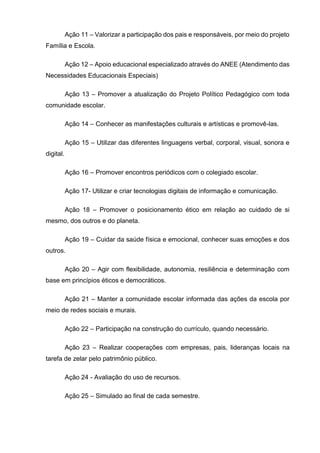 Ação 11 – Valorizar a participação dos pais e responsáveis, por meio do projeto
Família e Escola.
Ação 12 – Apoio educacional especializado através do ANEE (Atendimento das
Necessidades Educacionais Especiais)
Ação 13 – Promover a atualização do Projeto Político Pedagógico com toda
comunidade escolar.
Ação 14 – Conhecer as manifestações culturais e artísticas e promovê-las.
Ação 15 – Utilizar das diferentes linguagens verbal, corporal, visual, sonora e
digital.
Ação 16 – Promover encontros periódicos com o colegiado escolar.
Ação 17- Utilizar e criar tecnologias digitais de informação e comunicação.
Ação 18 – Promover o posicionamento ético em relação ao cuidado de si
mesmo, dos outros e do planeta.
Ação 19 – Cuidar da saúde física e emocional, conhecer suas emoções e dos
outros.
Ação 20 – Agir com flexibilidade, autonomia, resiliência e determinação com
base em princípios éticos e democráticos.
Ação 21 – Manter a comunidade escolar informada das ações da escola por
meio de redes sociais e murais.
Ação 22 – Participação na construção do currículo, quando necessário.
Ação 23 – Realizar cooperações com empresas, pais, lideranças locais na
tarefa de zelar pelo patrimônio público.
Ação 24 - Avaliação do uso de recursos.
Ação 25 – Simulado ao final de cada semestre.
 