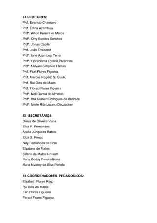 EX DIRETORES:
Prof. Evaristo Chamorro
Prof. Edina Azambuja
Profª. Ailton Pereira de Matos
Profª. Olvy Benites Sanches
Profª. Jonas Capilé
Prof. João Towsend
Profª. Ione Azambuja Terra
Profª. Floracelma Lozano Paranhos
Profª. Salvani Simplício Freitas
Prof. Flori Flores Figueira
Prof. Marcos Rogério S. Guidiu
Prof. Rui Dias de Matos
Prof. Floraci Flores Figueira
Profª. Neli Garcia de Almeida
Profª. Ilza Glanert Rodrigues de Andrade
Profª. Iolete Rita Lozano Dauzacker
EX SECRETÁRIOS:
Dimas de Oliveira Viana
Elida P. Fernandes
Adelia Junqueira Batista
Elida S. Penzo
Nely Fernandes da Silva
Elizabete de Matos
Selanir de Matos Rossatti
Marly Godoy Pereira Brum
Maria Nizaley da Silva Portela
EX COORDENADORES PEDAGÓGICOS:
Elisabeth Flores Rego
Rui Dias de Matos
Flori Flores Figueira
Floraci Flores Figueira
 