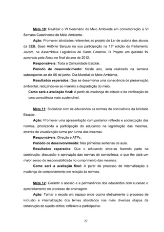27
Meta 10: Realizar o VI Seminário do Meio Ambiente em comemoração a VI
Semana Catarinense do Meio Ambiente.
Ação: Promover atividades referentes ao projeto de Lei de autoria dos alunos
da EEB. Saad Antônio Sarquis na sua participação na 13ª edição do Parlamento
Jovem, na Assembleia Legislativa de Santa Catarina. O Projeto em questão foi
aprovado pela Alesc no final do ano de 2012.
Responsáveis: Toda a Comunidade Escolar.
Período de desenvolvimento: Neste ano, será realizado na semana
subsequente ao dia 05 de junho, Dia Mundial do Meio Ambiente.
Resultados esperados: Que se desenvolva uma consciência de preservação
ambiental, reduzindo-se ao máximo a degradação do meio.
Como será a avaliação final: A partir da mudança de atitude e da verificação de
uma consciência mais sustentável.
Meta 11: Socializar com os educandos as normas de convivência da Unidade
Escolar.
Ação: Promover uma apresentação com posterior reflexão e socialização das
normas, priorizando a participação do educando na legitimação das mesmas,
através da visualização turma por turma das mesmas.
Responsáveis: Direção e ATPs.
Período de desenvolvimento: Nas primeiras semanas de aula.
Resultados esperados: Que o educando sinta-se fazendo parte na
construção, discussão e aprovação das normas de convivência, o que lhe dará um
maior senso de responsabilidade no cumprimento das mesmas.
Como será a avaliação final: A partir do processo de internalização e
mudança de comportamento em relação às normas.
Meta 12: Garantir o acesso e a permanência dos educandos com sucesso e
aproveitamento no processo de ensinagem.
Ação: Tornar a escola um espaço onde ocorra efetivamente o processo de
inclusão e internalização dos temas abordados nas mais diversas etapas da
construção do sujeito crítico, reflexivo e participativo.
 