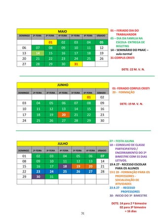 31
MAIO
DOMINGO 2ª FEIRA 3ª FEIRA 4ª FEIRA 5ª FEIRA 6ª FEIRA SÁBADO
01 02 03 04 05
06 07 08 09 10 11 12
13 14 15 16 17 18 19
20 21 22 23 24 25 26
27 28 29 30 31
JUNHO
DOMINGO 2ª FEIRA 3ª FEIRA 4ª FEIRA 5ª FEIRA 6ª FEIRA SÁBADO
01 02
03 04 05 06 07 08 09
10 11 12 13 14 15 16
17 18 19 20 21 22 23
24 25 26 27 28 29 30
JULHO
DOMINGO 2ª FEIRA 3ª FEIRA 4ª FEIRA 5ª FEIRA 6ª FEIRA SÁBADO
01 02 03 04 05 06 07
08 09 10 11 12 13 14
15 16 17 18 19 20 21
22 23 24 25 26 27 28
29 30 31
01 – FERIADO DIA DO
TRABALHADOR
05 – DIA DA FAMILIA NA
ESCOLA- ENTREGA DE
BOLETINS
14 – SEMINÁRIO DO PNAIC –
aula normal
31-CORPUS CRISTI
DETE: 22 M. V. N.
01- FERIADO CORPUS CRISTI
20 - FORMAÇÃO
DETE: 19 M. V. N.
07 – FESTA JULINA
18 – CONSELHO DE CLASSE
PARTICIPATIVO /
ENCERRAMENTO DO 2º
BIMESTRE COM 55 DIAS
LETIVOS.
19 A 27 - RECESSO ESCOLAR
PARA OS ALUNOS
19 E 20 - FORMAÇÃO PARA OS
PROFESSORES -
SOCIALIZAÇÃO DE
ATIVIDADES
23 A 27 - RECESSO
PROFESSORES
30- INICIO DO 3º BIMESTRE
DETE: 14 para 2 º bimestre
02 para 3º bimestre
= 16 dias
DETE. 1º Semestre – 104
 