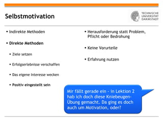 Selbstmotivation Indirekte Methoden Direkte Methoden Ziele setzen Erfolgserlebnisse verschaffen Das eigene Interesse wecken Positiv eingestellt sein Herausforderung statt Problem, Pflicht oder Bedrohung Keine Vorurteile Erfahrung nutzen Mir fällt gerade ein - in Lektion 2 hab ich doch diese Kniebeugen-Übung gemacht. Da ging es doch auch um Motivation, oder? 