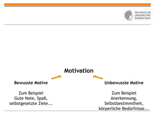 Motiv ation Bewusste Motive Zum Beispiel Gute Note, Spaß, selbstgesetzte Ziele... Unbewusste Motive Zum Beispiel Anerkennung, Selbstbestimmtheit, körperliche Bedürfnisse... 
