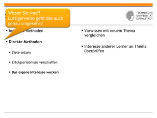 Selbstmotivation Indirekte Methoden Direkte Methoden Ziele setzen Erfolgserlebnisse verschaffen Das eigene Interesse wecken Vorwissen mit neuem Thema vergleichen Interesse anderer Lerner an Thema überprüfen Wissen Sie was?! Lustigerweise geht das auch genau umgekehrt! 