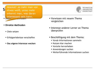 Selbstmotivation Indirekte Methoden Direkte Methoden Ziele setzen Erfolgserlebnisse verschaffen Das eigene Interesse wecken Vorwissen mit neuem Thema vergleichen Interesse anderer Lerner an Thema überprüfen Beschäftigung mit dem Thema: Vorab Informationen sammeln Nutzen klar machen Vorteile hervorheben Anwendungen suchen Weiterführende Informationen suchen Absolut! Je mehr man von etwas weiß, umso mehr erkennt man, was daran interessant sein kann. 